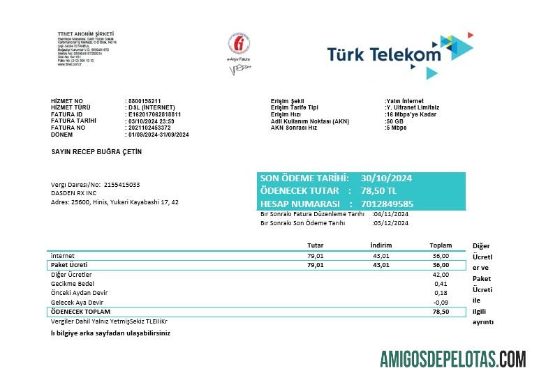 Em branco modelo de fatura de serviços públicos turcos Turktelekom em formatos Word e PDF, totalmente editável